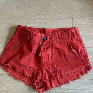 Free People Red Frayed Jean Shorts